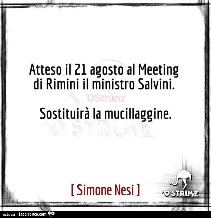 Atteso il 21 agosto al meeting di rimini il ministro Salvini. Sostituirà la mucillaggine