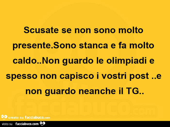 Scusate se non sono molto presente. Sono stanca e fa molto caldo. Non guardo le olimpiadi e spesso non capisco i vostri post. E non guardo neanche il tg