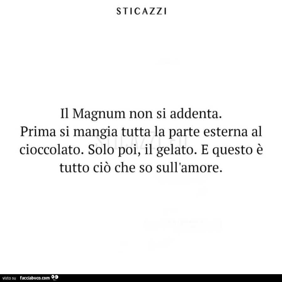 Sticazzi il magnum non si addenta. Prima si mangia tutta la parte esterna al cioccolato. Solo poi, il gelato. E questo è tutto ciò che so sull'amore