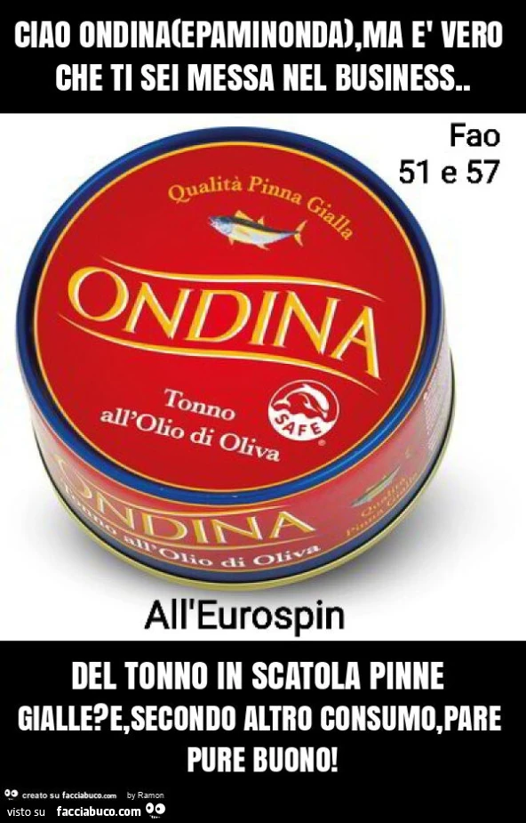 Ciao ondina(epaminonda), ma è vero che ti sei messa nel business. Del tonno in scatola pinne gialle? E, secondo altro consumo, pare pure buono