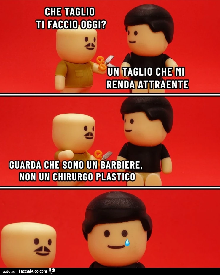 Che taglio ti faccio oggi? Un taglio che mi renda attraente. Guarda che sono Un'barbiere, non Un chirurgo plastico