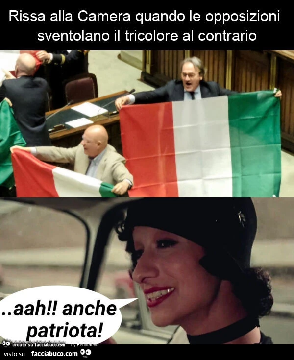 Rissa alla camera quando le opposizioni sventolano il tricolore al contrario