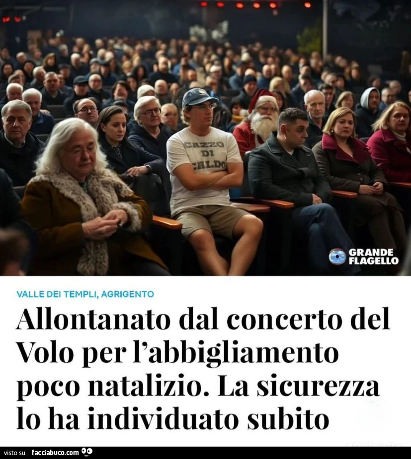 Allontanato dal concerto del volo per l'abbigliamento poco natalizio la sicurezza lo ha individuato subito maglietta cazzo che caldo