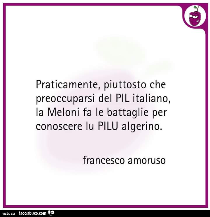 Praticamente, piuttosto che preoccuparsi del pil italiano, la meloni fa le battaglie per conoscere lu pilu algerino