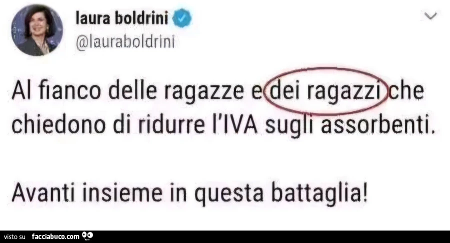 Laura Boldrini: al fianco delle ragazze e ei ragazzi he chiedono di ridurre l'iva sug i assorbenti. Avanti insieme in questa battaglia