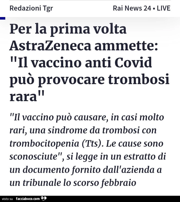 Per la prima volta astrazeneca ammette: il vaccino anti covid può provocare trombosi rara