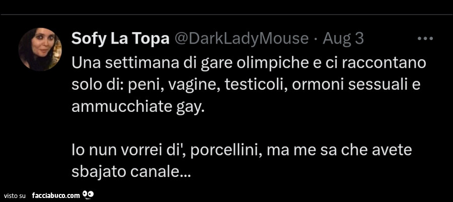 Una settimana di gare olimpiche e ci raccontano solo di: peni, vagine, testicoli, ormoni sessuali e ammucchiate gay. Io nun vorrei dì, porcellini, ma me sa che avete sbajato canale