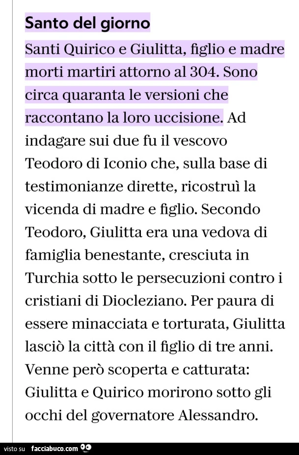 Santo del giorno. Santi quirico e giulitta, figlio e madre morti martiri attorno al 304. Sono circa quaranta le versioni che raccontano la loro uccisione