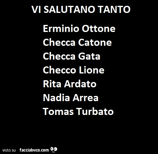 Vi salutano tanto erminio ottone, checca catone, checca gata, checco lione, rita ardato, nadia arrea, tomas turbato