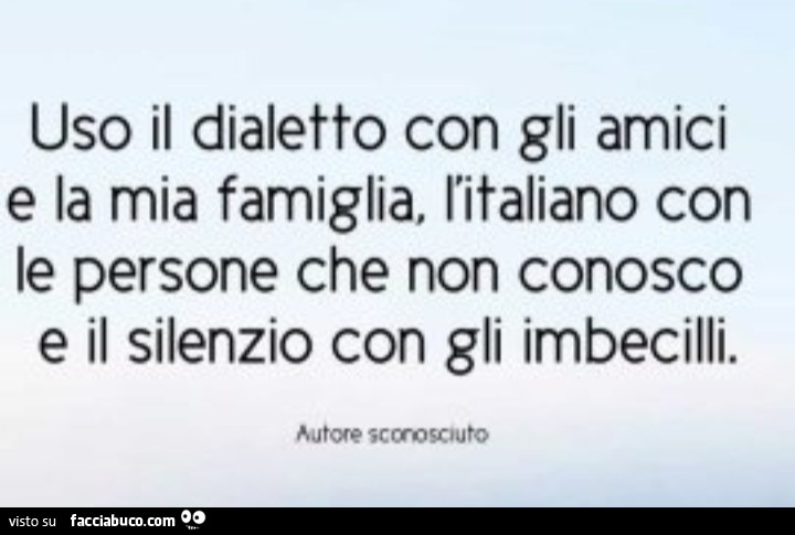 Uso il dialetto con gli amici e la mia famiglia, l'italiano con le persone che non conosco e il silenzio con gli imbecilli