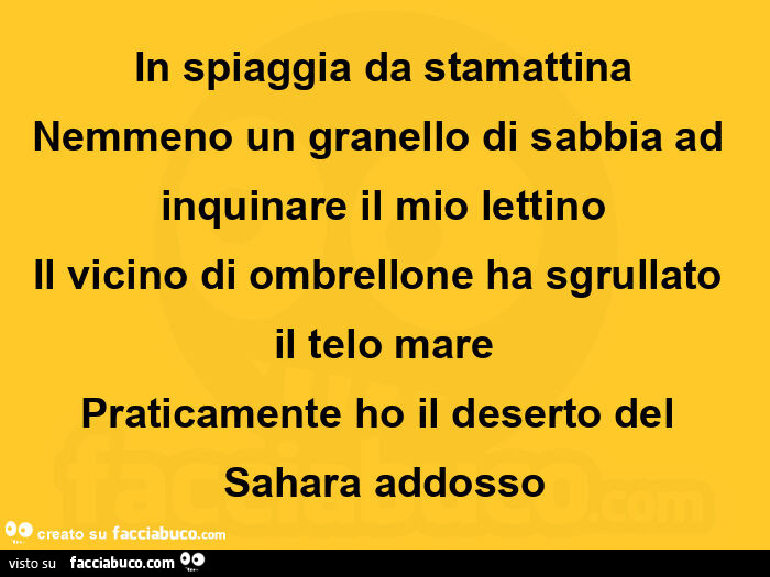 In spiaggia da stamattina Nemmeno un granello di sabbia ad inquinare il mio lettino Il vicino di ombrellone ha sgrullato il telo mare Praticamente ho il deserto del Sahara addosso