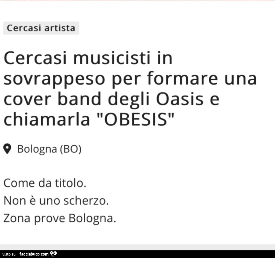 Cercasi musicisti in sovrappeso per formare una cover band degli oasis e chiamarla obesis