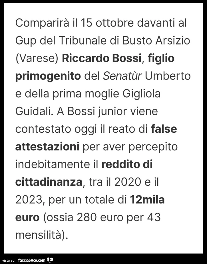 Comparirร il 15 ottobre davanti al gup del tribunale di busto arsizio riccardo bossi, figlio primogenito del senatรนr umberto