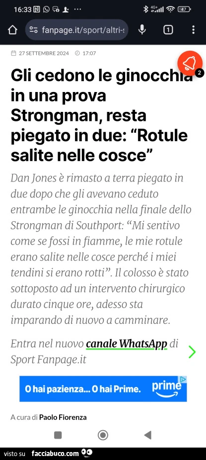 Gli cedono le ginocchia in una prova strongman, resta piegato in due: rotule salite nelle cosce