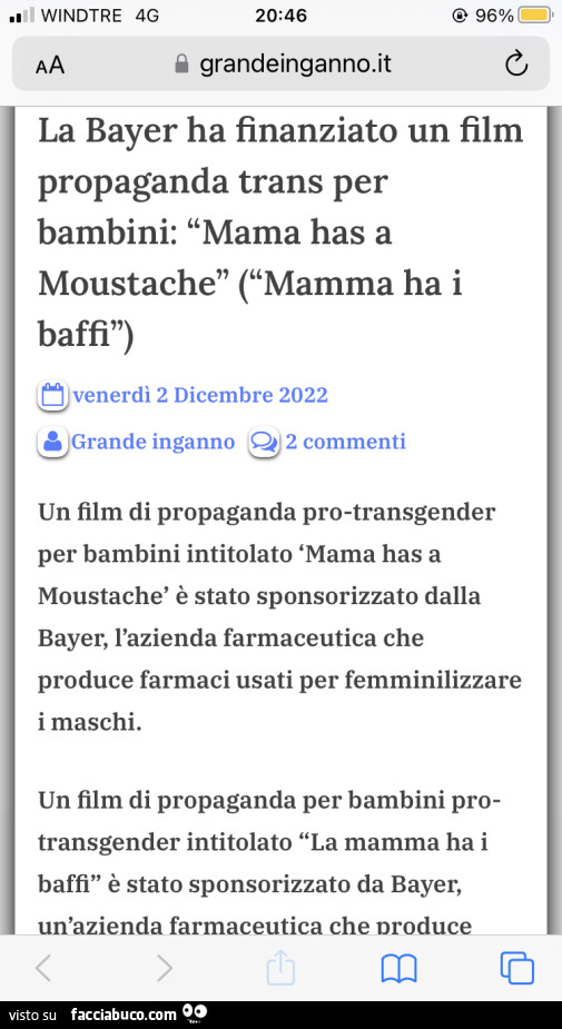 La bayer ha finanziato un film propaganda trans per bambini: mama has a moustache, mamma ha i baffi