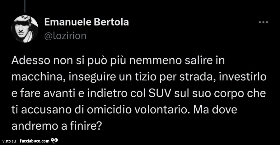 Adesso non si può più nemmeno salire in macchina, inseguire un tizio per strada, investirlo e fare avanti e indietro col suv sul suo corpo che ti accusano di omicidio volontario. Ma dove andremo a finire?