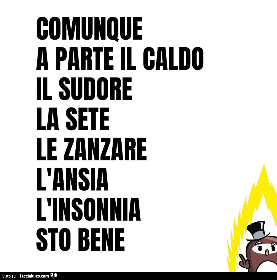 Comunque a parte il caldo il sudore la sete le zanzare l'ansia l'insonnia sto bene