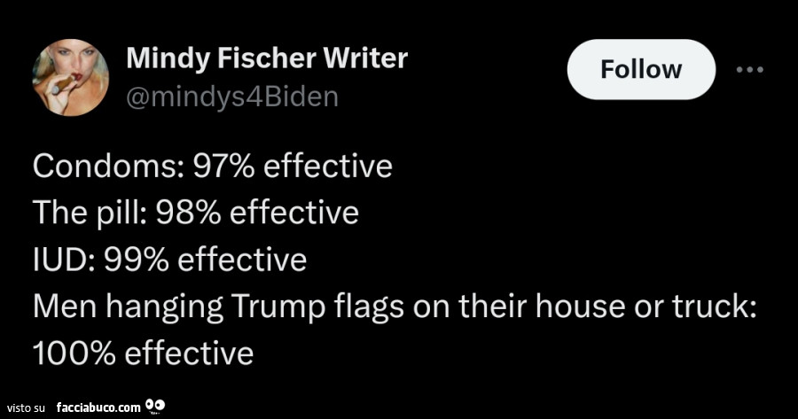 Condoms: 97% effective. Men hanging trump flags on their house or truck: 100% effective