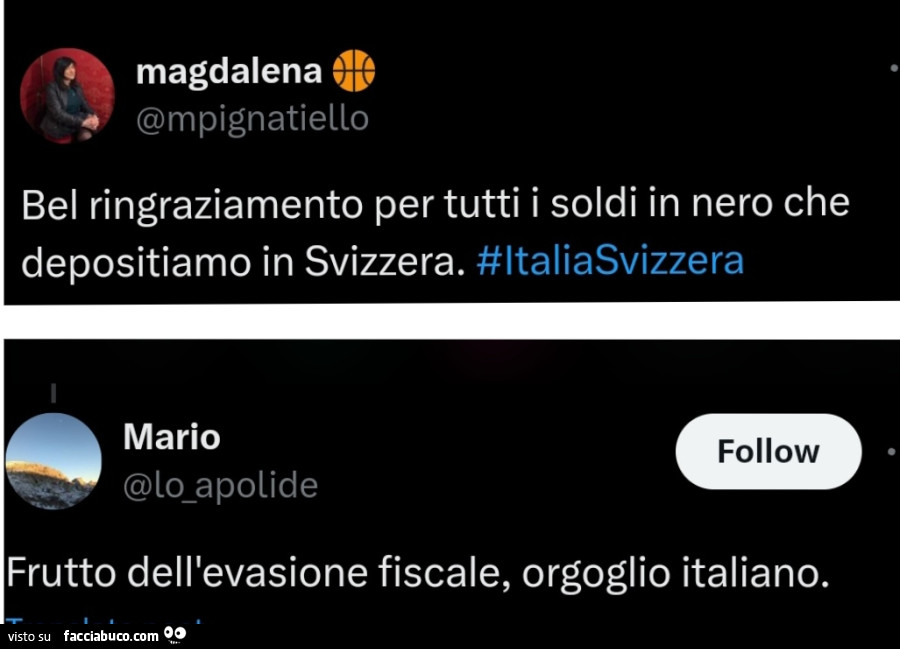 Bel ringraziamento per tutti i soldi in nero che depositiamo in svizzera. Frutto dell'evasione fiscale, orgoglio italiano