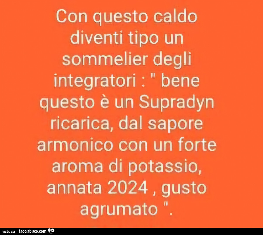 Con questo caldo diventi tipo un sommelier degli integratori: bene questo è un supradyn ricarica, dal sapore armonico con un forte aroma di potassio, annata 2024 gusto agrumato