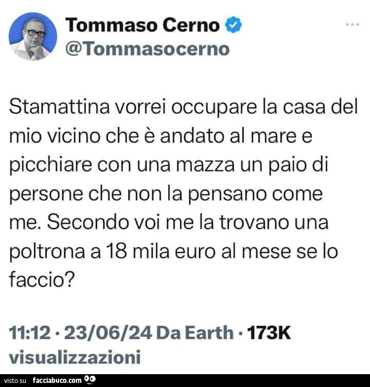 Stamattina vorrei occupare la casa del mio vicino che è andato al mare e picchiare con una mazza un paio di persone che non la pensano come me. Secondo voi me la trovano una poltrona a 18 mila euro al mese se lo faccio?