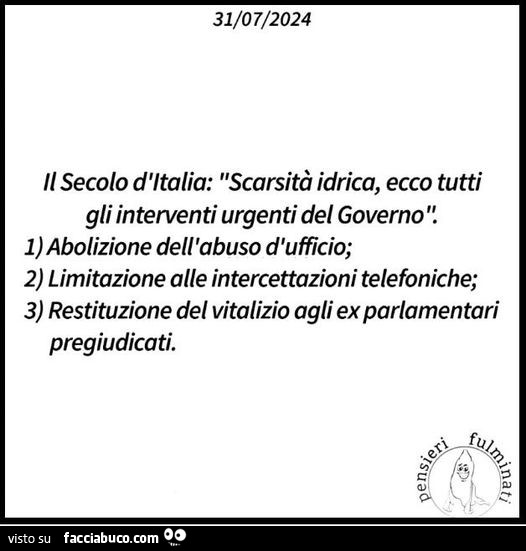 Il secolo d'italia: scarsità idrica, ecco tutti gli interventi urgenti del governo