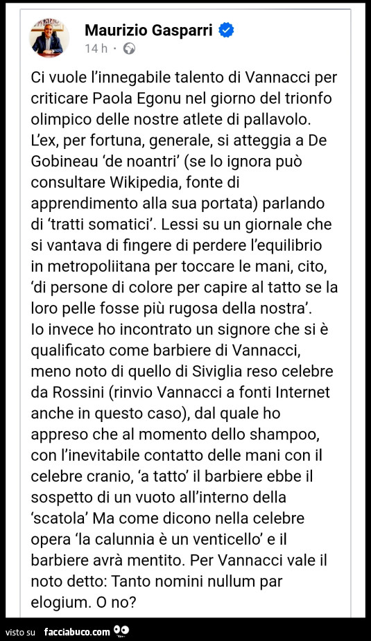 Maurizio Gasparri: ci vuole l'innegabile talento di Vannacci per criticare paola egonu nel giorno del trionfo olimpico delle nostre atlete di pallavolo