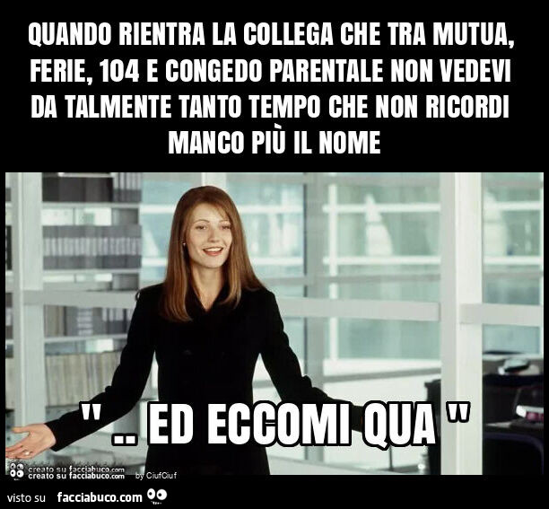 Quando rientra la collega che tra mutua, ferie, 104 e congedo parentale non vedevi da talmente tanto tempo che non ricordi manco più il nome