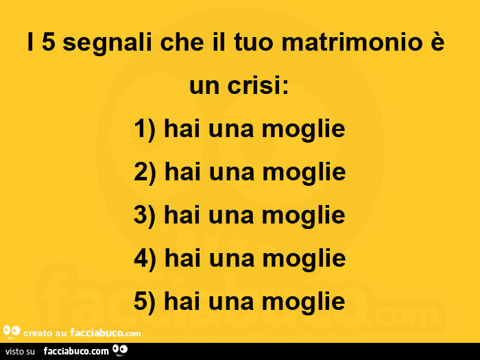 I 5 segnali che il tuo matrimonio è un crisi: 1 hai una moglie 2 hai una moglie 3 hai una moglie 4 hai una moglie 5 hai una moglie