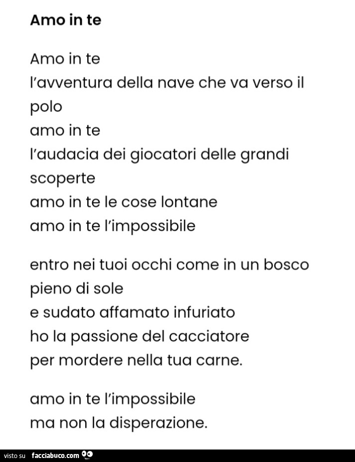 Amo in te. Amo in te l'avventura della nave che va verso il polo amo in te l'audacia dei giocatori delle grandi scoperte amo in te le cose lontane amo in te l'impossibile entro nei tuoi occhi come in un bosco pieno di sole