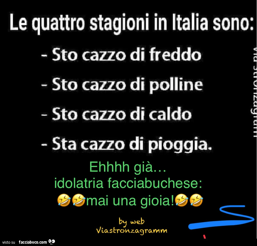 Le quattro stagioni in italia sono: sto cazzo di freddo, sto cazzo di polline, sto cazzo di caldo, sta cazzo di pioggia. Ehhhh giร … idolatria facciabuchese: mai una gioia