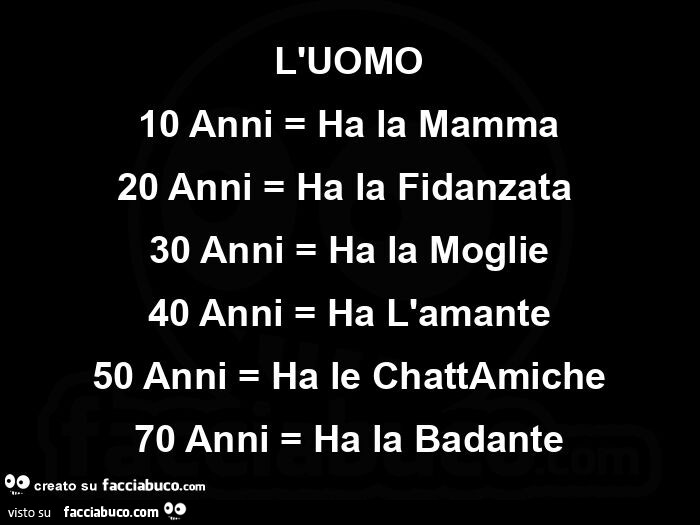 L'uomo 10 anni = ha la mamma 20 anni = ha la fidanzata  30 anni = ha la moglie 40 anni = ha l'amante 50 anni = ha le chattamiche 70 anni = ha la badante