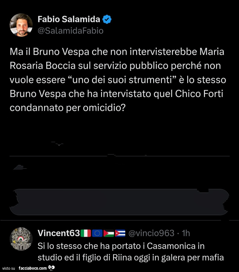 Ma il bruno vespa che non intervisterebbe maria rosaria boccia sul servizio pubblico perché non vuole essere uno dei suoi strumenti è lo stesso bruno vespa che ha intervistato quel chico forti condannato per omicidio?