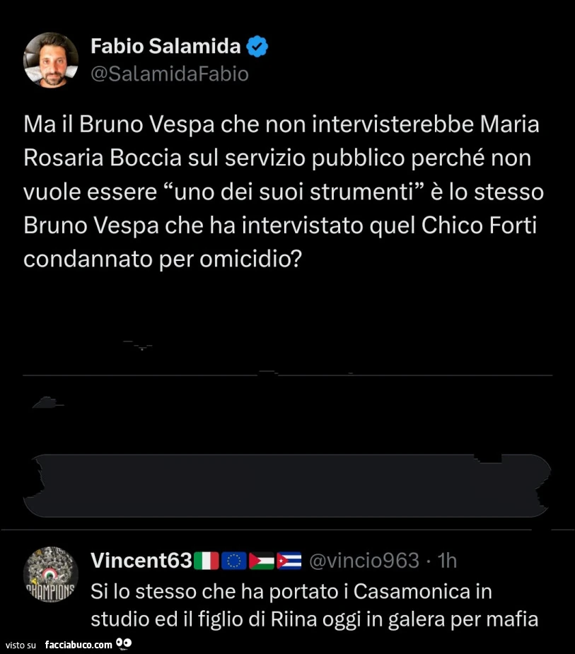 Ma il bruno vespa che non intervisterebbe maria rosaria boccia sul servizio pubblico perché non vuole essere uno dei suoi strumenti è lo stesso bruno vespa che ha intervistato quel chico forti condannato per omicidio?