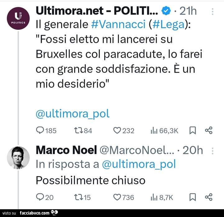 Vannacci: fossi eletto mi lancerei su bruxelles col paracadute, lo farei con grande soddisfazione. È Un mio desiderio. Possibilmente chiuso