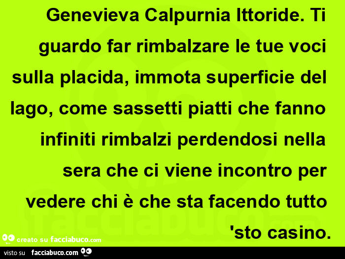 Genevieva calpurnia ittoride. Ti guardo far rimbalzare le tue voci sulla placida, immota superficie del lago, come sassetti piatti che fanno infiniti rimbalzi perdendosi nella sera che ci viene incontro per vedere chi è che sta facendo tutto 'sto cas