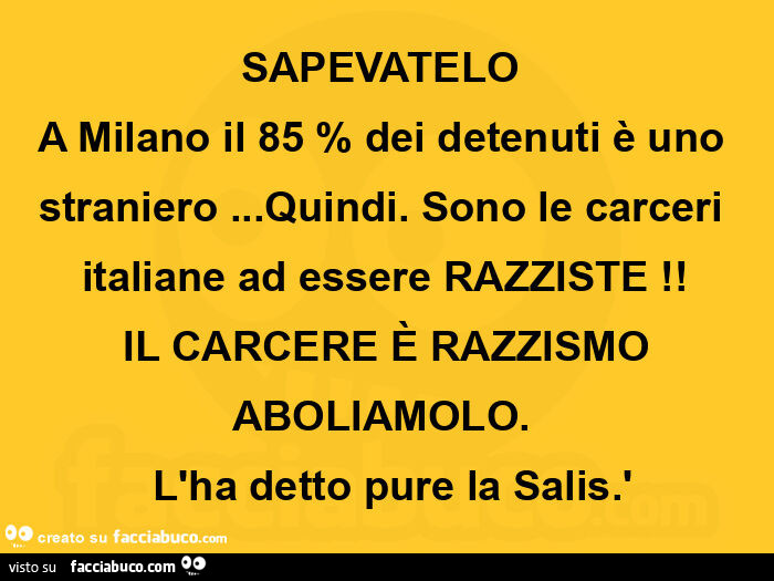 Sapevatelo a milano il 85 % dei detenuti è uno straniero… quindi. Sono le carceri italiane ad essere razziste! Il carcere è razzismo aboliamolo. L'ha detto pure la salis