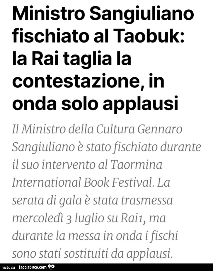 Ministro sangiuliano fischiato al taobuk: la rai taglia la contestazione, in onda solo applausi