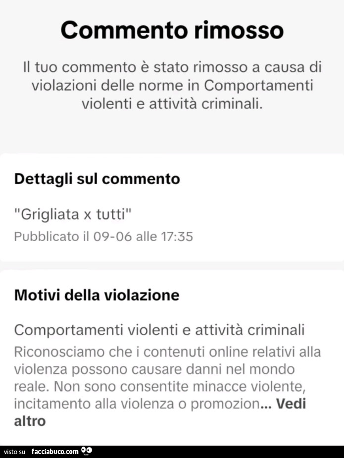 Commento rimosso il tuo commento è stato rimosso a causa di violazioni delle norme in comportamenti violenti e attività criminali