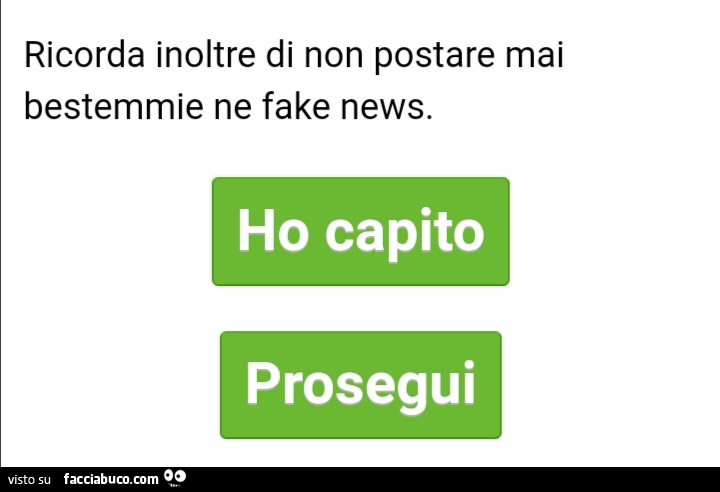 Ricorda inoltre di non postare mai bestemmie ne fake news. Ho capito prosegui