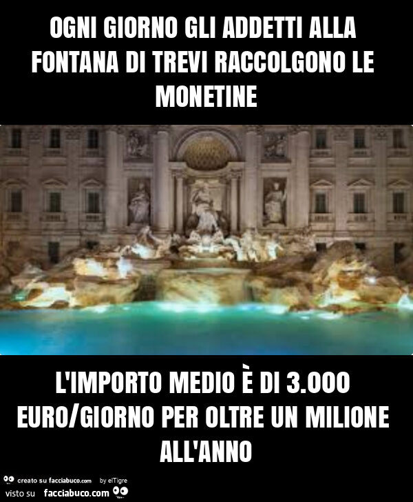 Ogni giorno gli addetti alla fontana di trevi raccolgono le monetine l'importo medio è di 3.000 euro/giorno per oltre un milione all'anno