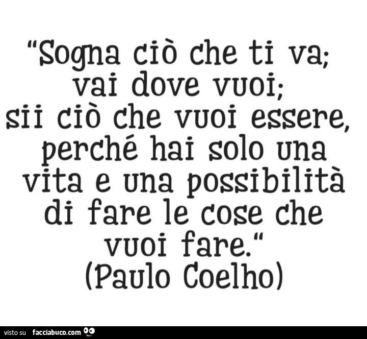 Sogna ciò che ti va, vai dove vuoi, sii ciò che vuoi essere, perché hai solo una vita e una possibilità di fare le cose che vuoi fare. Paulo Coelho