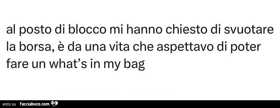 Al posto di blocco mi hanno chiesto di svuotare la borsa, è da una vita che aspettavo di poter fare un what's in my bag