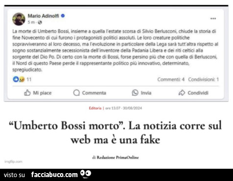 Umberto bossi morto. La notizia corre sul web ma è una fake