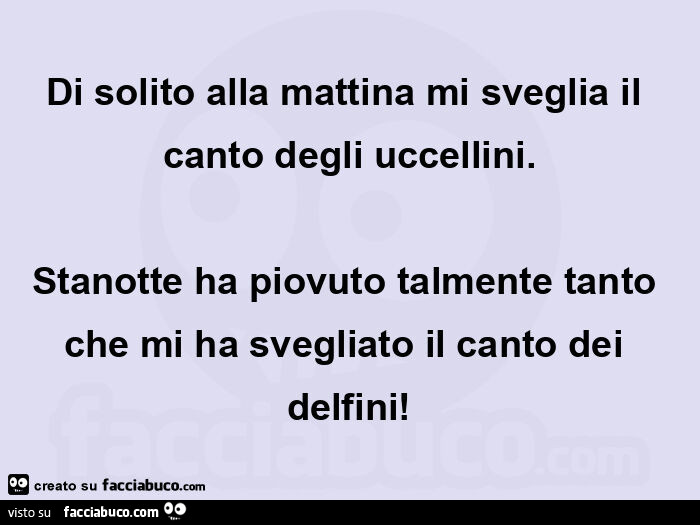 Di solito alla mattina mi sveglia il canto degli uccellini. Stanotte ha piovuto talmente tanto che mi ha svegliato il canto dei delfini