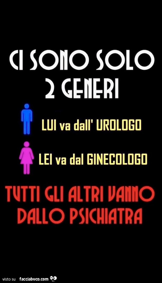 Ci sono solo 2 generi, lui va dall'urologo lei va dal ginecologo. Tutti gli altri vanno dallo psichiatra